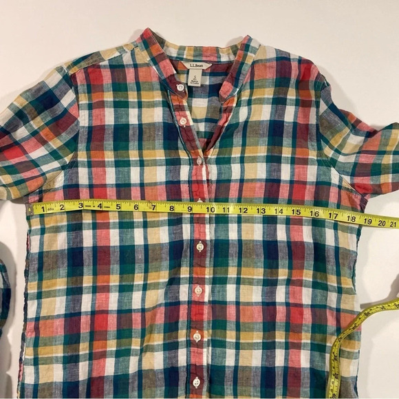 LL Bean Linen V Neck Button Front Tunic Shirt Plaid - Picture 6 of 6